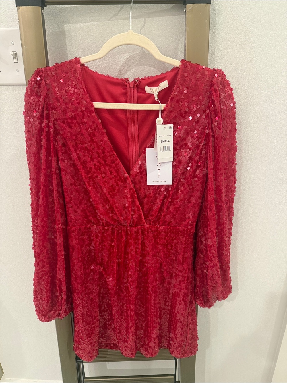 Wayf Berry Red Sequin V-Neck Dress